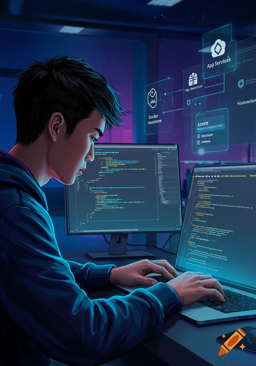 A person intently coding on two computer screens, surrounded by futuristic holographic UI elements displaying cloud services and code.
