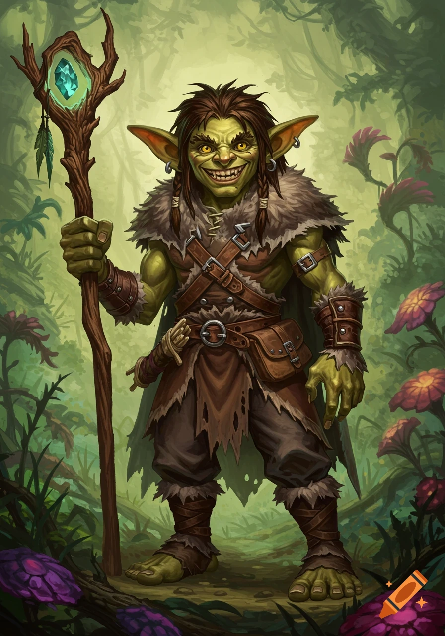A stylized illustration of a male goblin druid holding a staff, wearing furs and leathers in a lush forest.