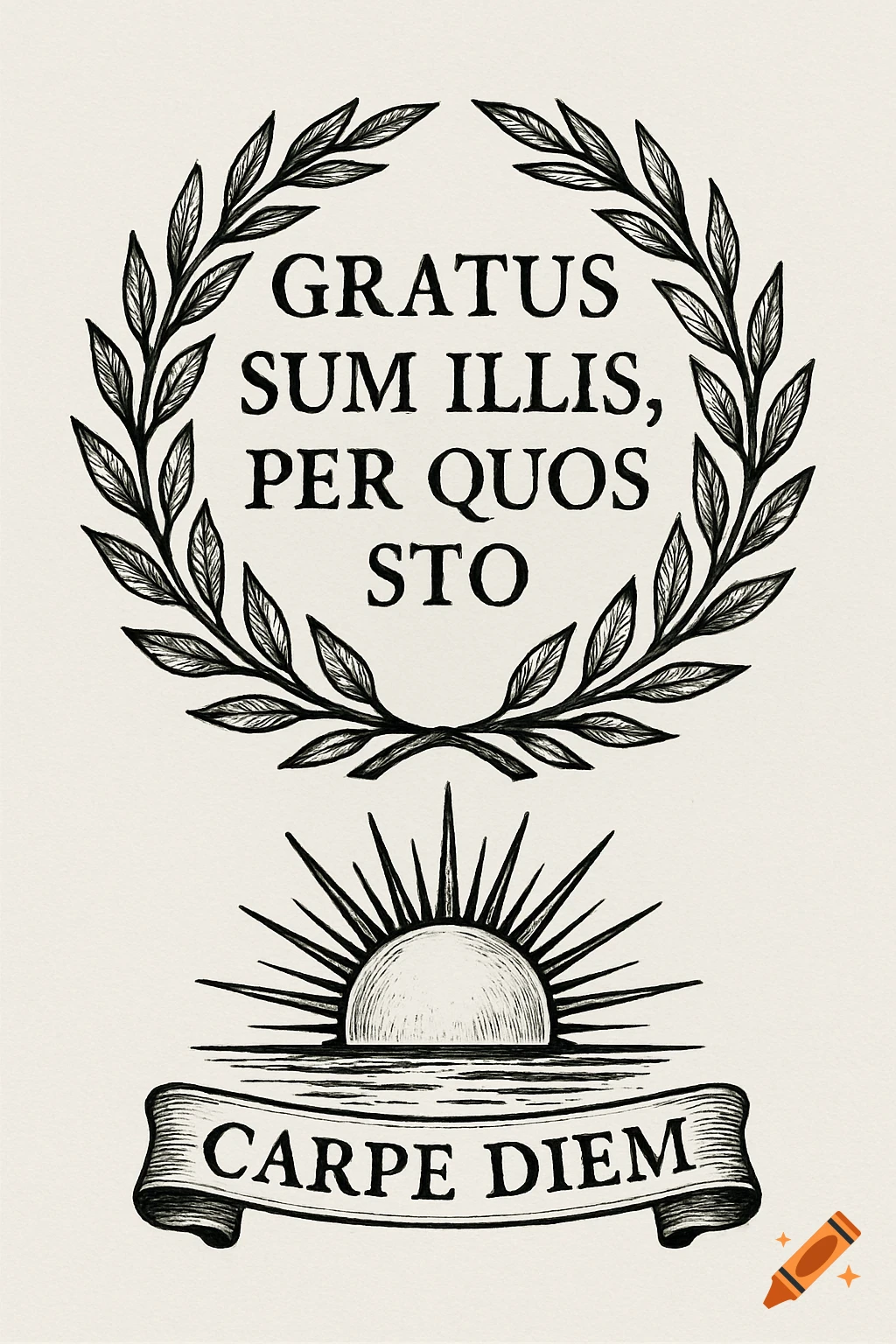 Black and white illustration with a laurel wreath, Latin phrases 'Gratus sum illis, per quos sto' and 'Carpe Diem', and a rising sun.