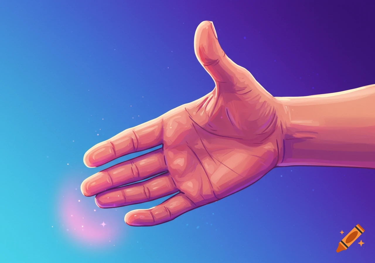 An illustrated hand reaching forward with glowing magical particles around the fingertips against a blue and purple gradient background.