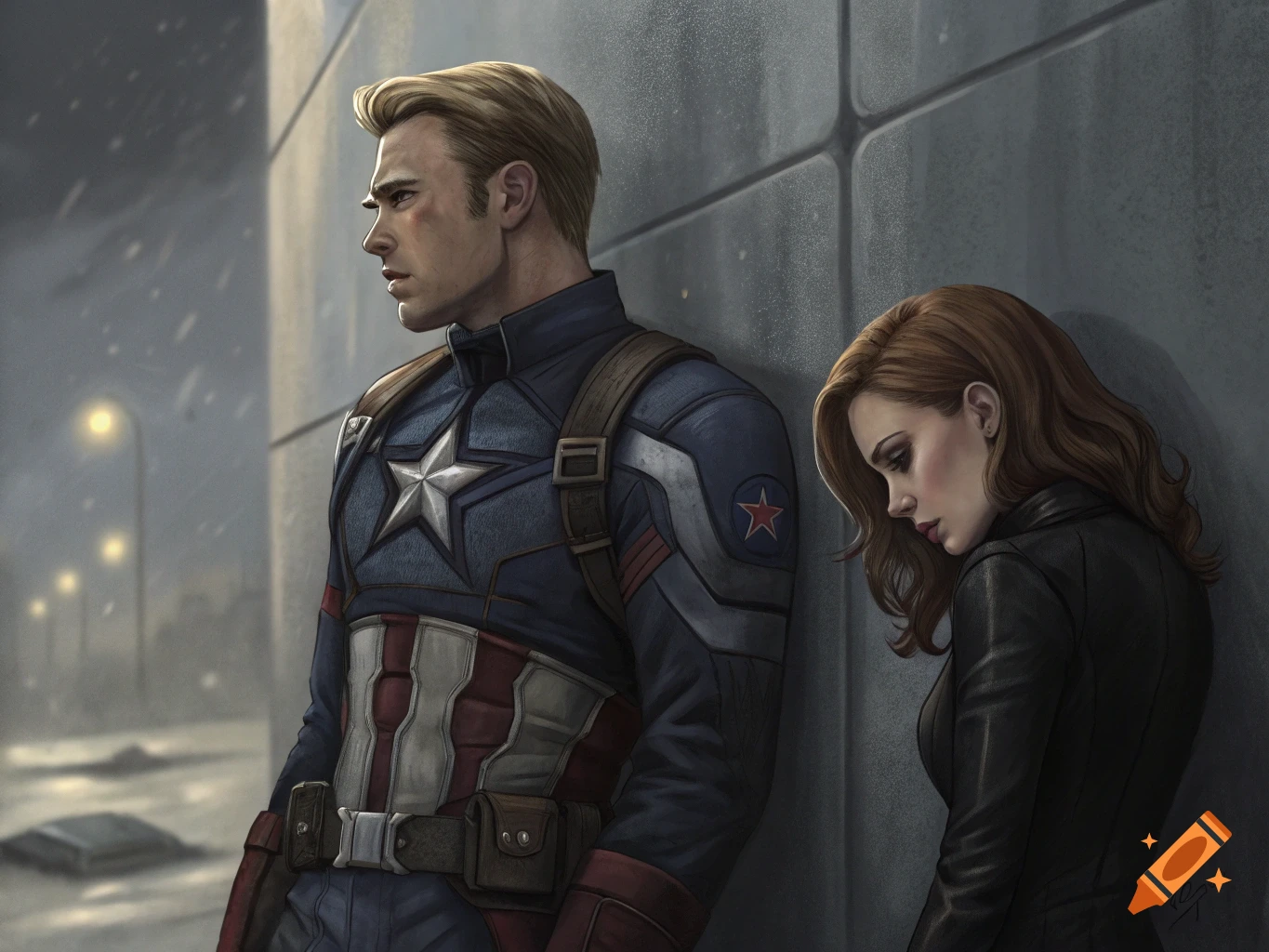 Captain America and Black Widow looking somber in a snowy urban setting, digital art.