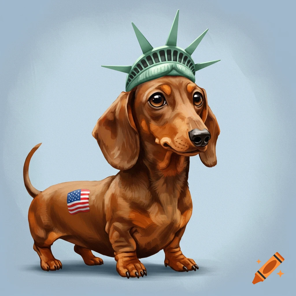 An illustration of a dachshund wearing a Statue of Liberty hat and an American flag tattoo.
