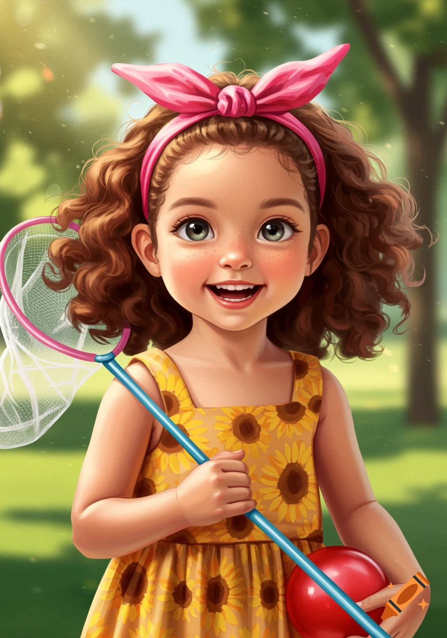A smiling young girl with curly brown hair in a sunflower dress holds a butterfly net and a red ball in a sunny park, illustrated.