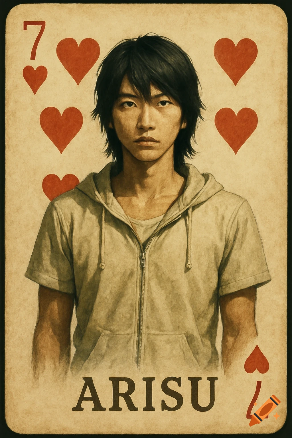 A man is depicted on a seven of hearts playing card with the name Arisu below.