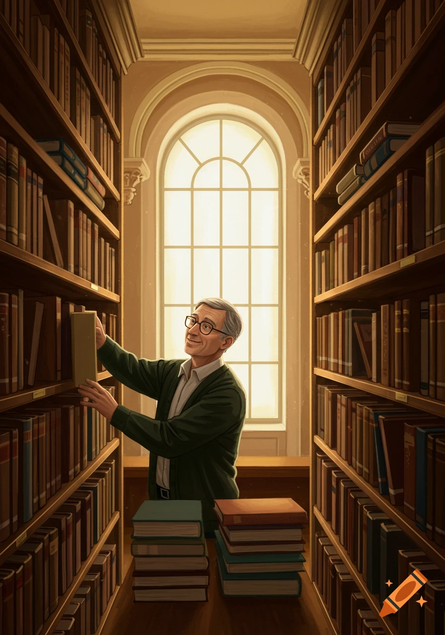 A smiling, bespectacled librarian in a green cardigan places a book on a shelf in a bright library aisle, with stacks of books on a table below.