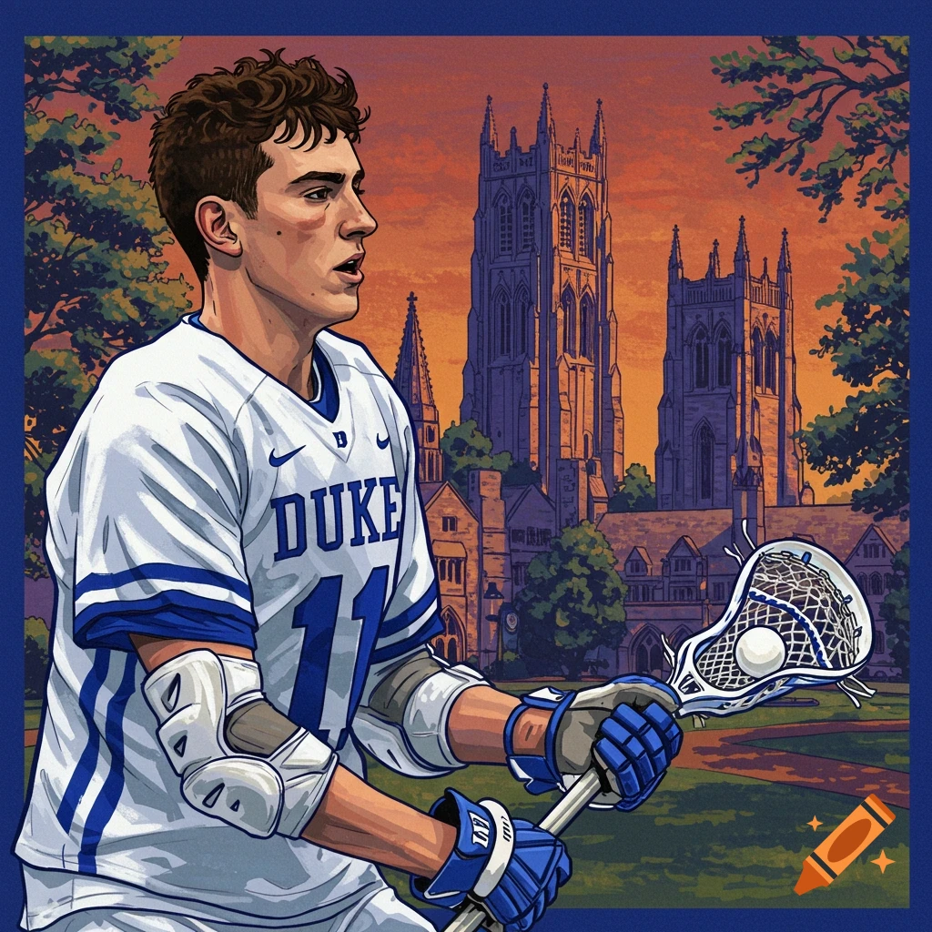 An illustration of a Duke University lacrosse player in a white and blue jersey holding a stick, with the university's gothic architecture in the background.