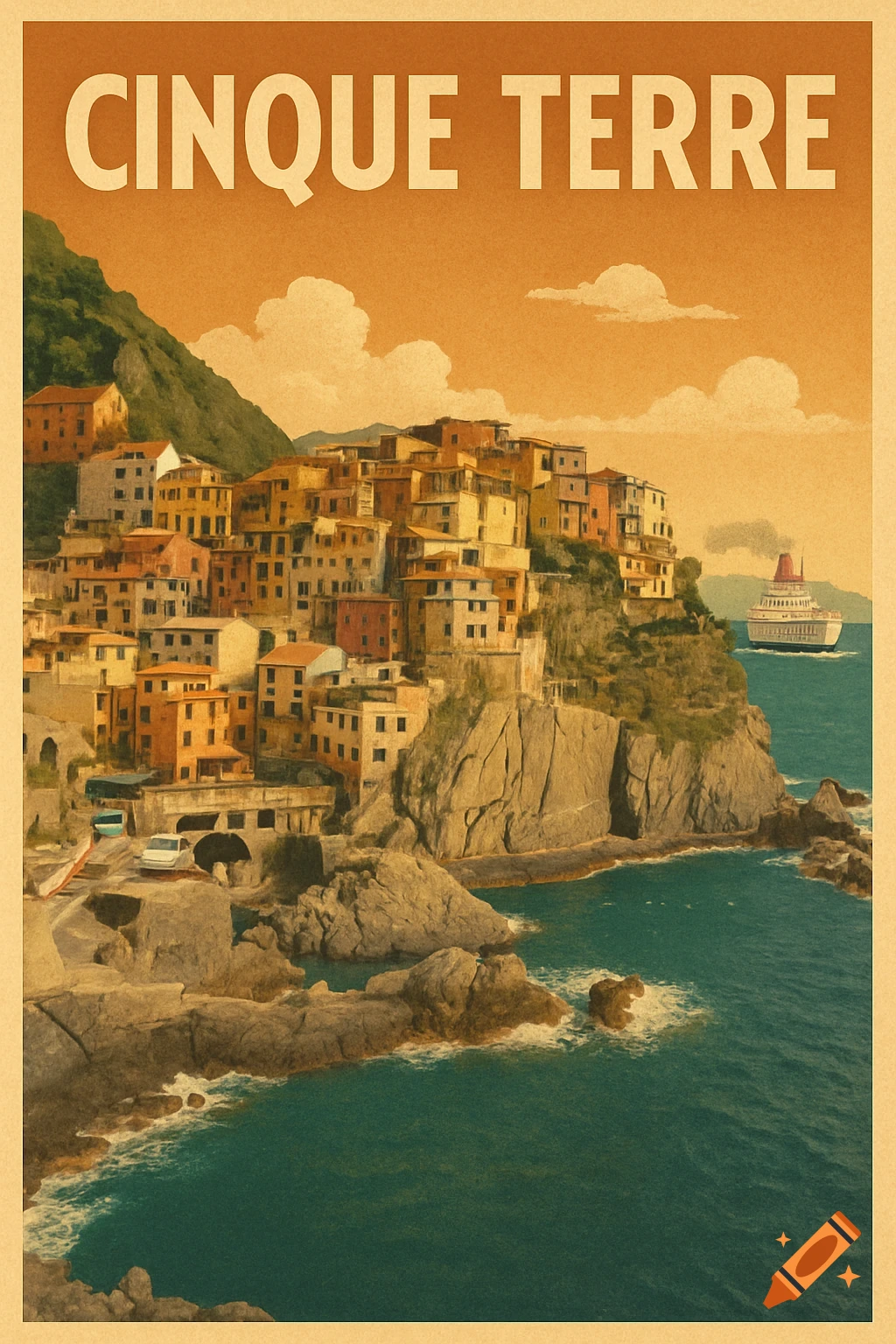 A vintage poster illustration of the colorful cliffside village of Cinque Terre, Italy, with a cruise ship in the turquoise sea.