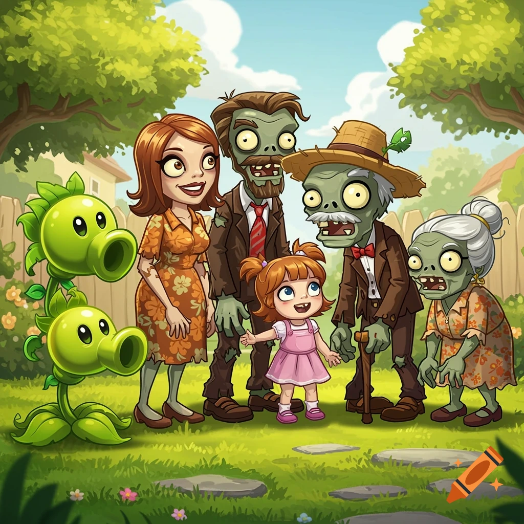 A cartoon family of zombies and humans with peashooters in a garden, in the style of Plants vs Zombies.
