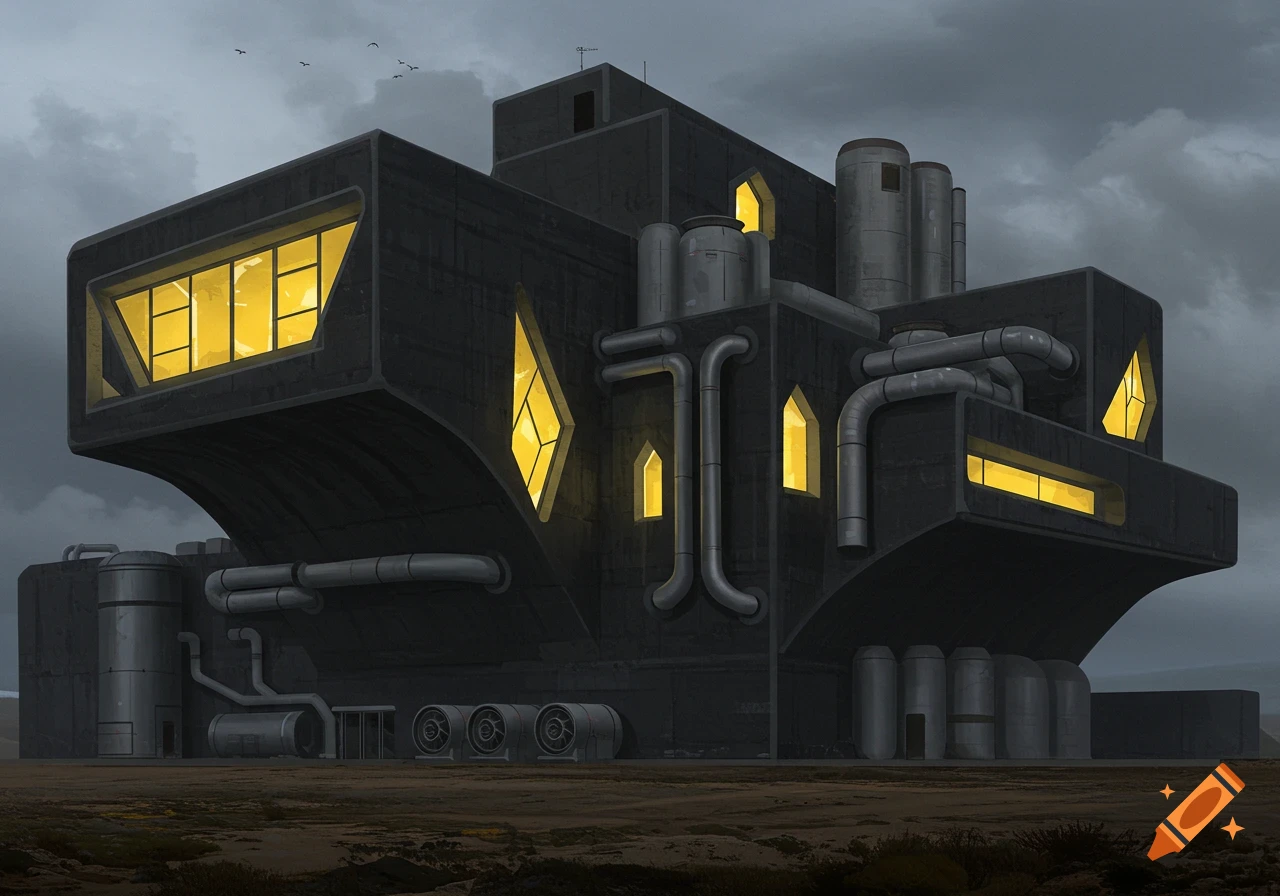 A dark concrete sci-fi industrial building with glowing yellow windows stands under a cloudy sky.