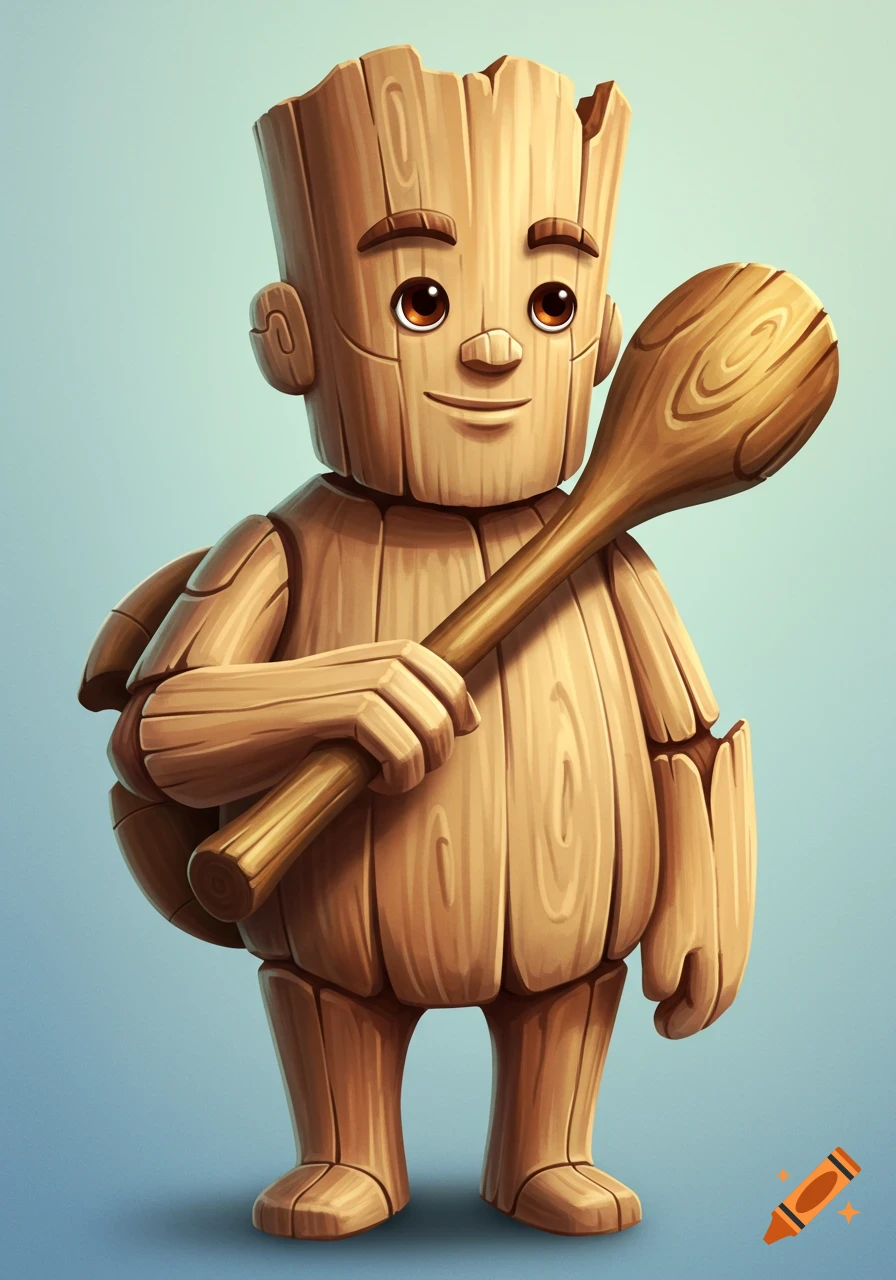 A cute cartoon character made of wood holds a large wooden spoon.