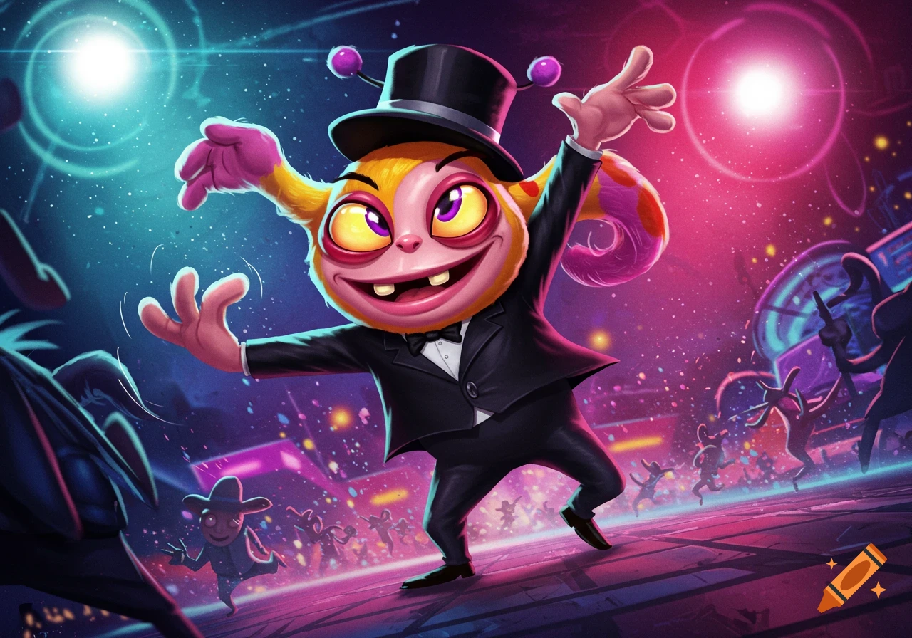 A vibrant yellow, orange, and pink cartoon creature in a tuxedo and top hat dances with arms outstretched at a lively disco party.