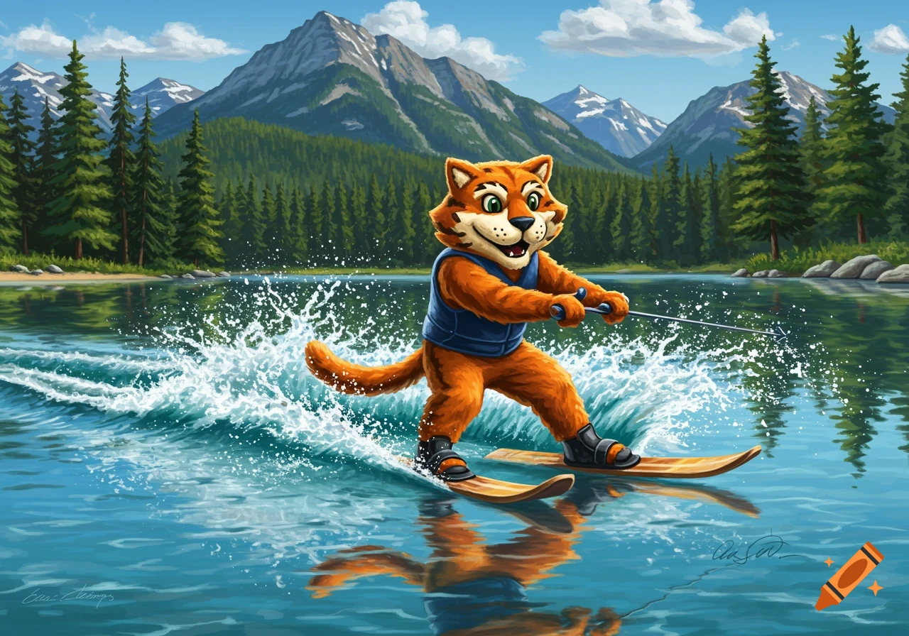 A cartoon-style orange cat mascot on water skis, splashing through a lake with mountains and pine trees in the background.