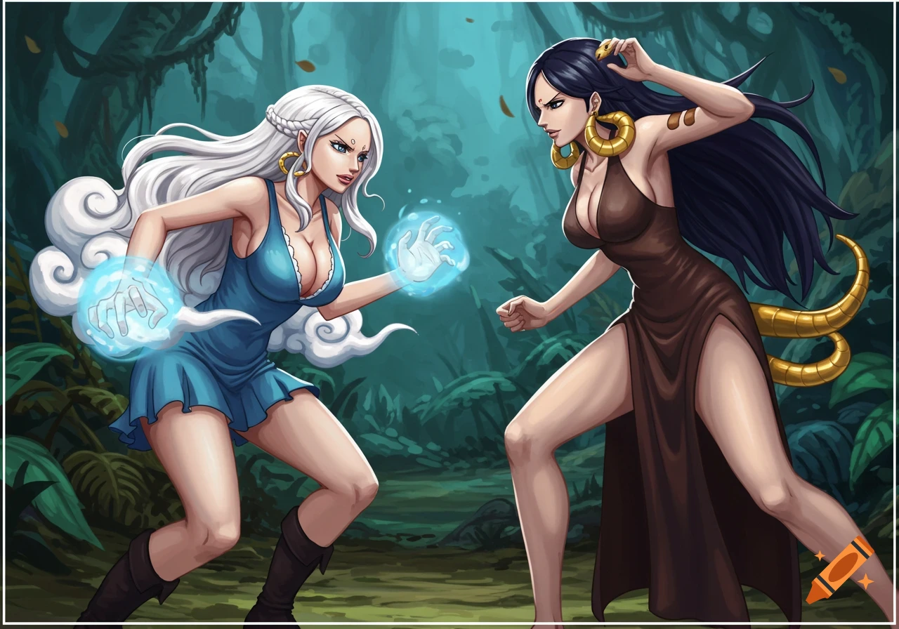 Two anime women, one with white hair and cloud powers in a blue dress, and one with dark hair and snake earrings in a brown dress, face off in a jungle.