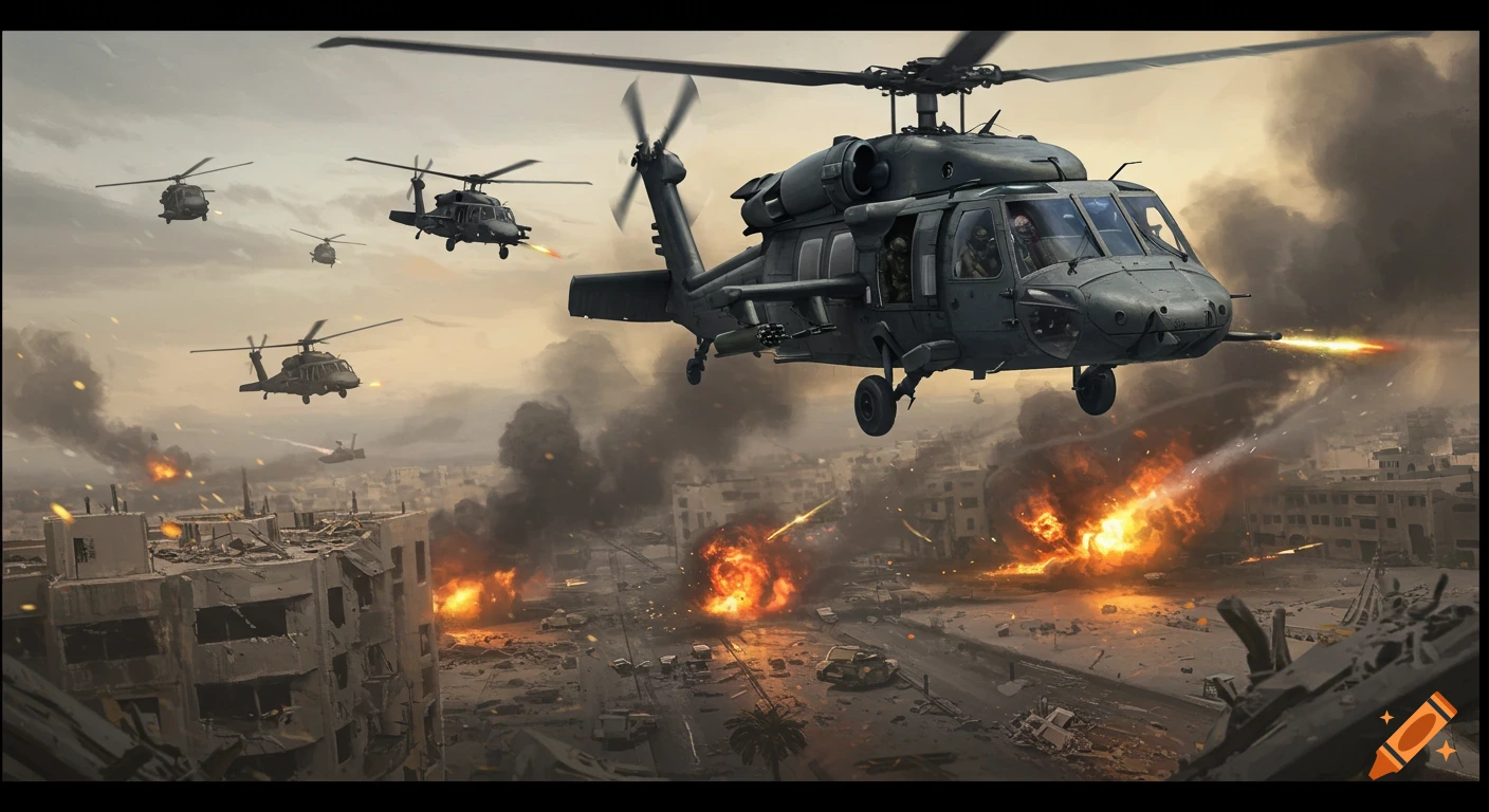 Black Hawk helicopters fly over a destroyed city warzone with explosions and smoke.