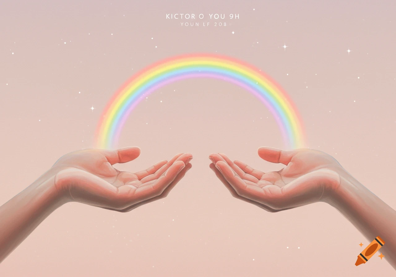 Two realistic open hands facing upwards holding a bright rainbow against a soft pastel background with stars.