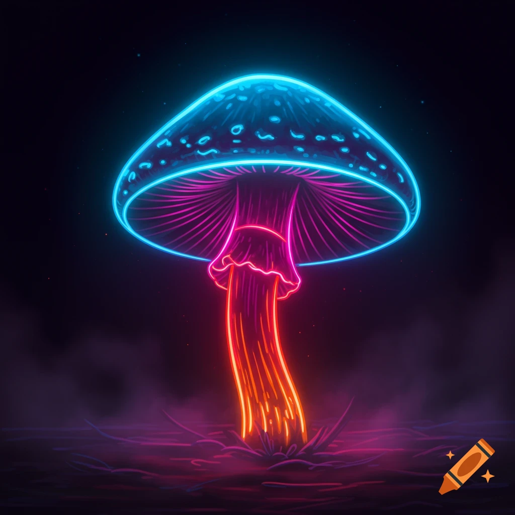 A neon-outlined mushroom glowing blue, pink, and orange in the dark.
