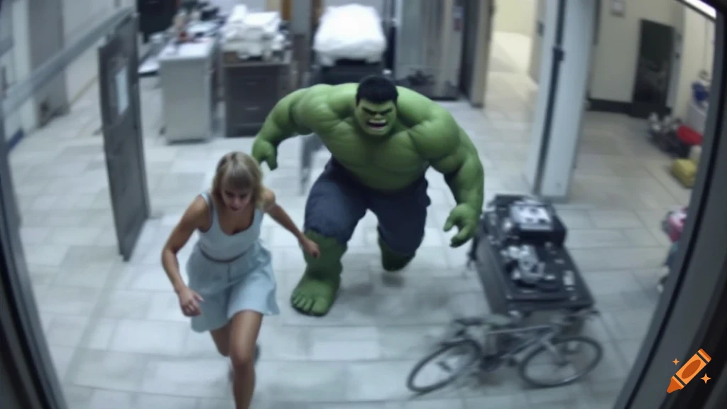 Taylor Swift in a light blue dress running away from the Hulk down a hall, captured by a security camera.