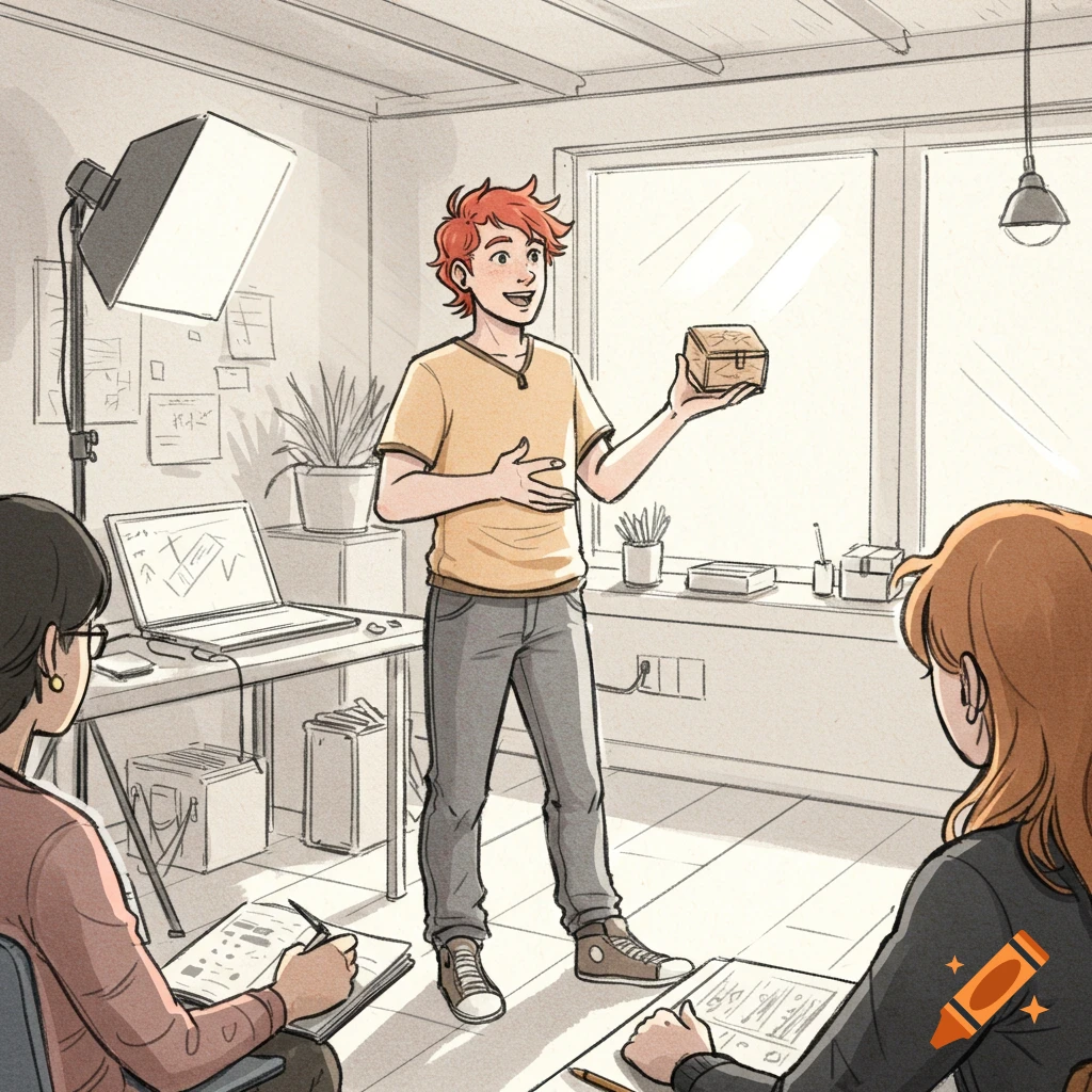 A person holds a small box while presenting in a classroom setting with two listeners, in a sketch style.