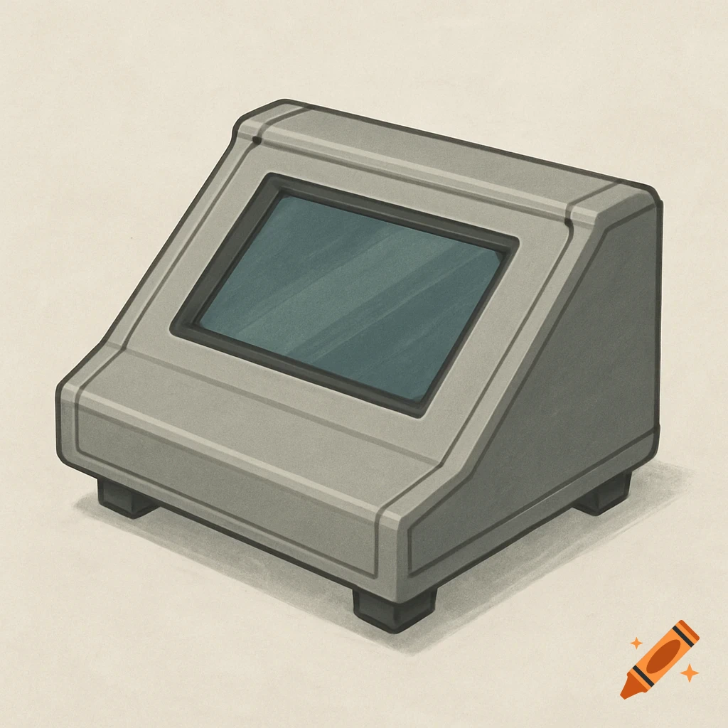 A minimalist grey console with a sloped front and an angled, dark LCD screen, standing on four feet.