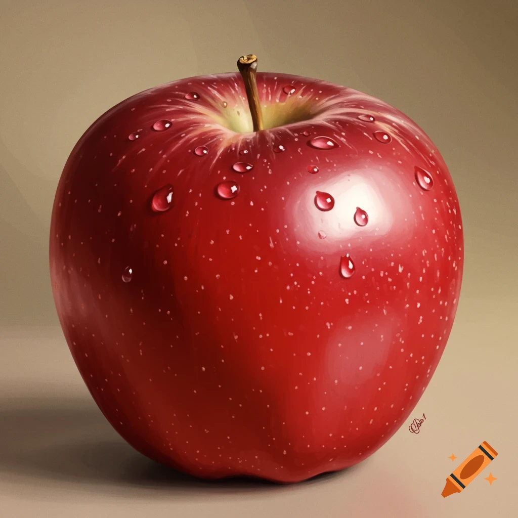 A vibrant red apple covered in water droplets, set against a plain background.