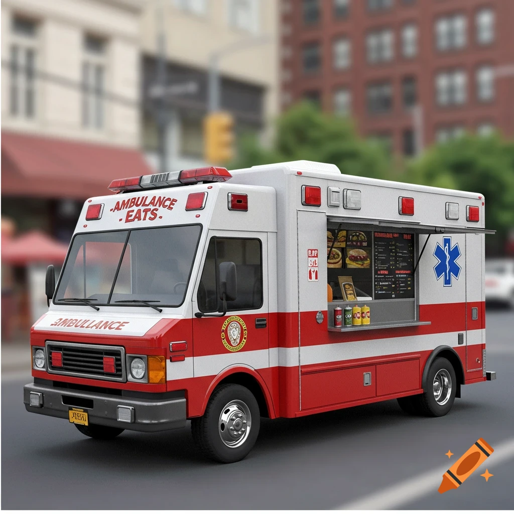 A white and red food truck designed to look like an ambulance, with 'Ambulance Eats' on its front, parked on a city street.