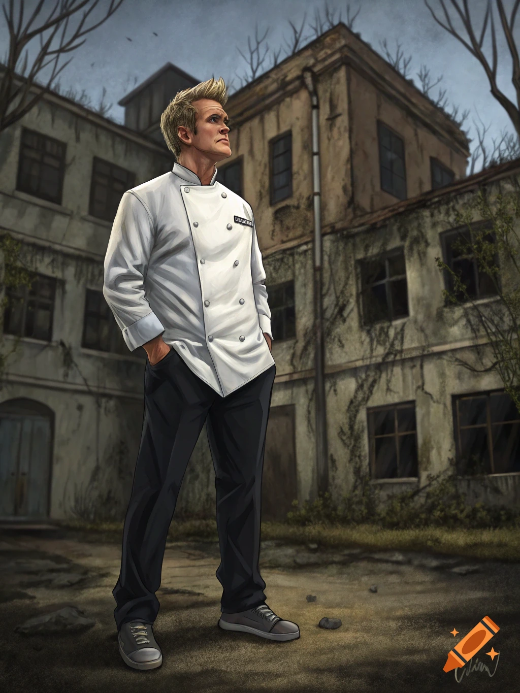Illustration of a chef standing in front of an abandoned building