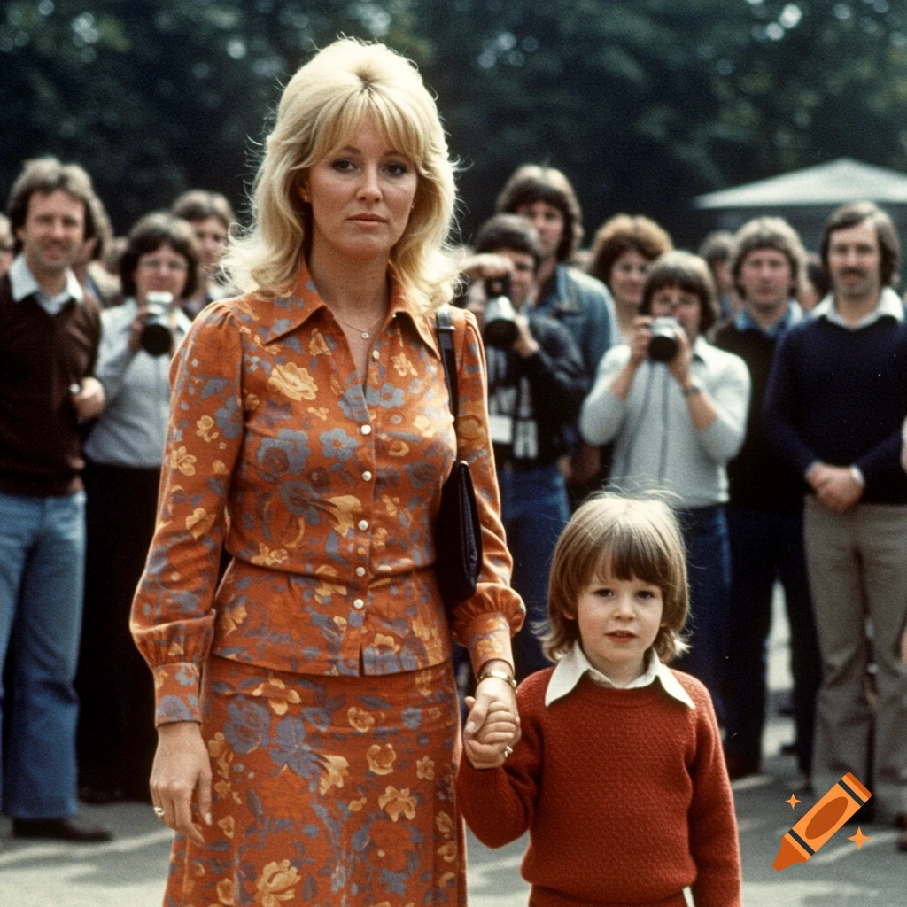 A woman in a 1970s floral dress holding a young boy's hand, walking past a crowd of people with cameras. Photorealistic.