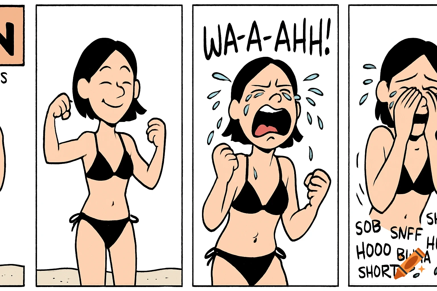 A cartoon comic strip shows a girl in a black bikini, first flexing her muscles, then crying loudly, and finally covering her face while sobbing.