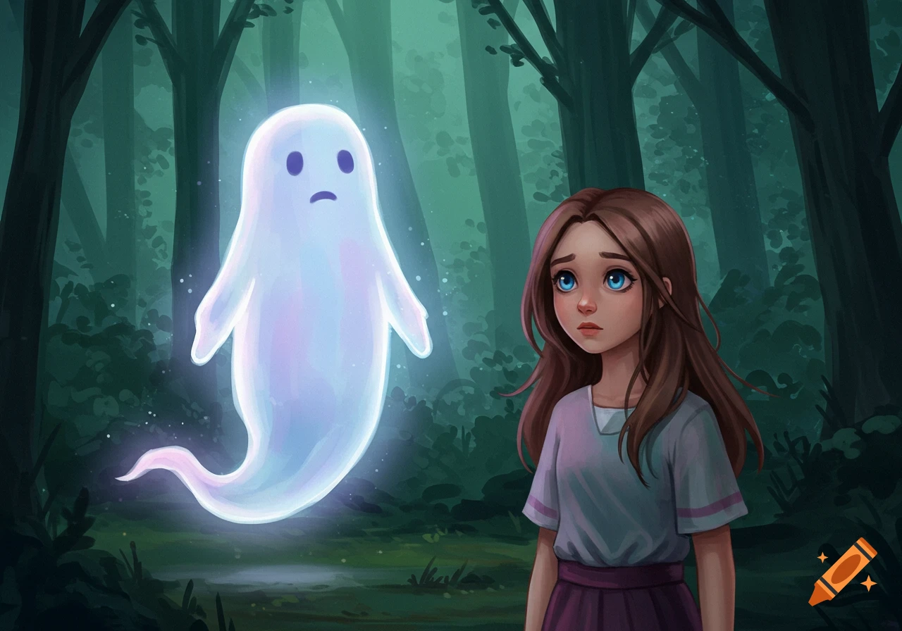 A girl looks at a glowing ghost in a dark forest, digital illustration.