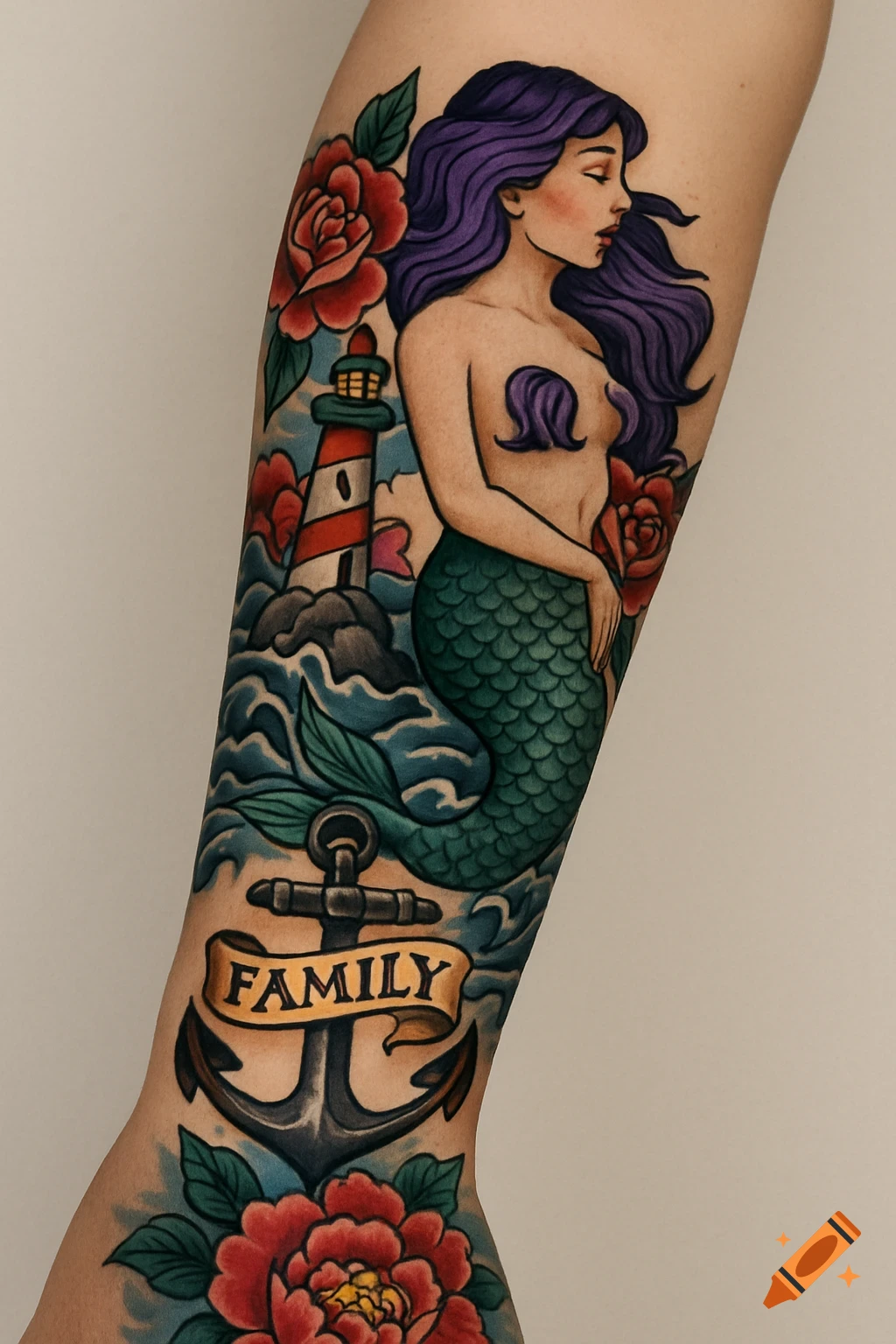 A colorful traditional tattoo sleeve featuring a purple-haired mermaid, lighthouse, anchor with 'FAMILY' banner, roses, and a peony on an arm.