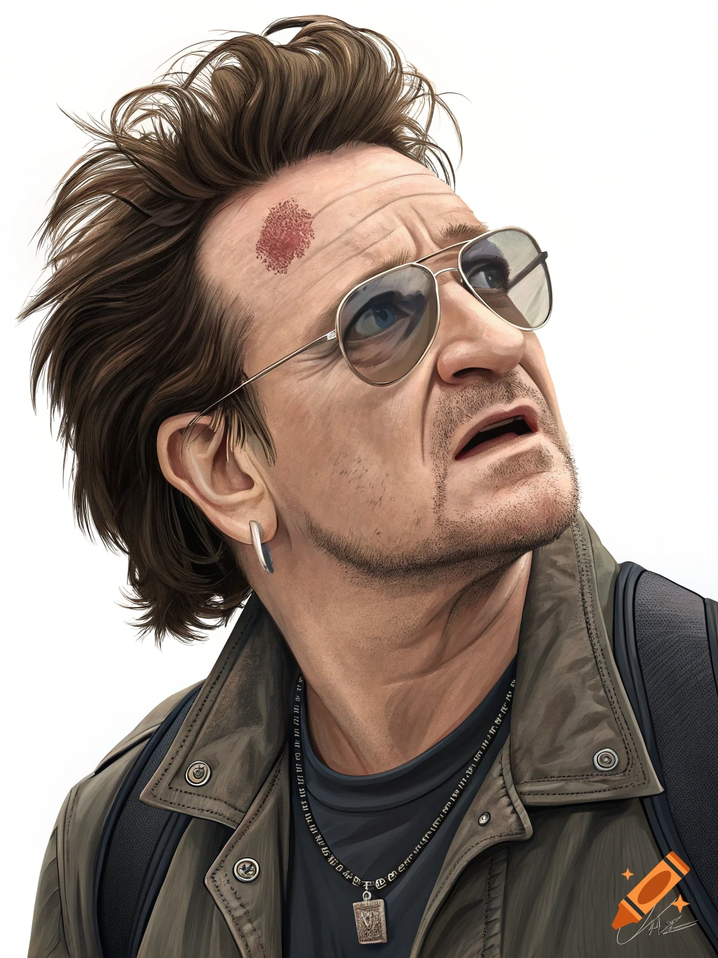 Close-up digital art portrait of Bono wearing sunglasses and a brown jacket, looking up, with a textured red mark on his forehead.