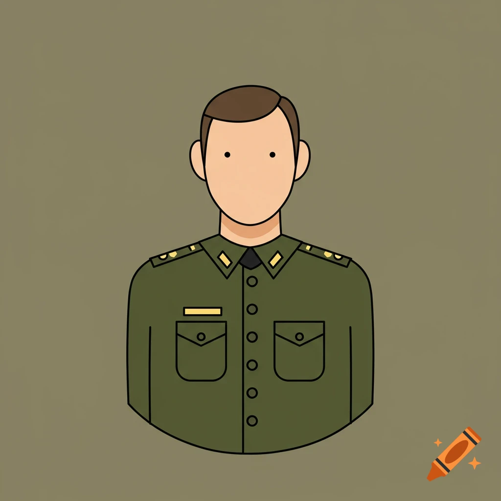 A flat 2D vector illustration of a male military officer in an olive green uniform with epaulettes and buttons against a plain background.
