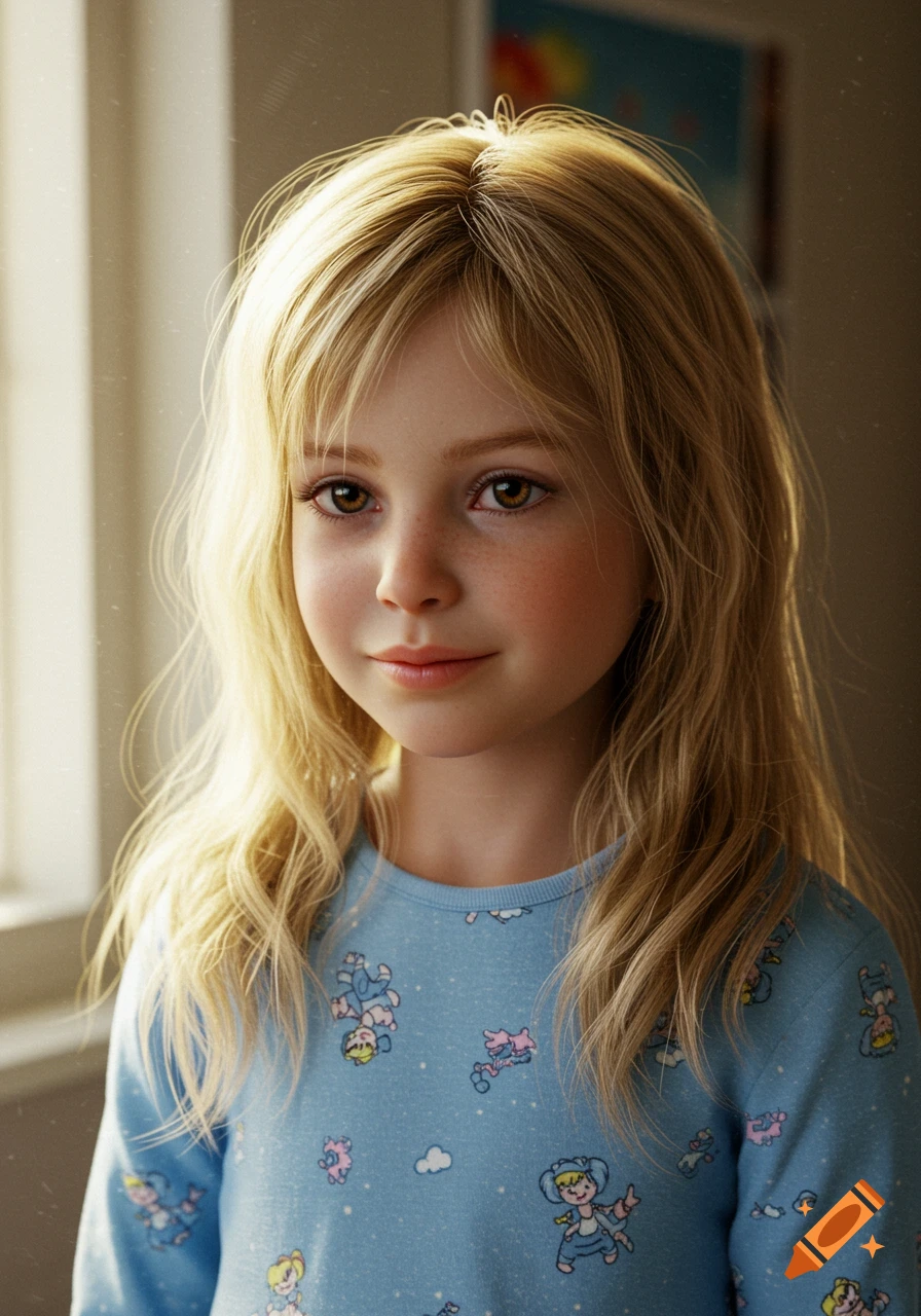 Realistic portrait of a young girl with blonde hair and brown eyes, wearing blue pajamas, lit by window light.