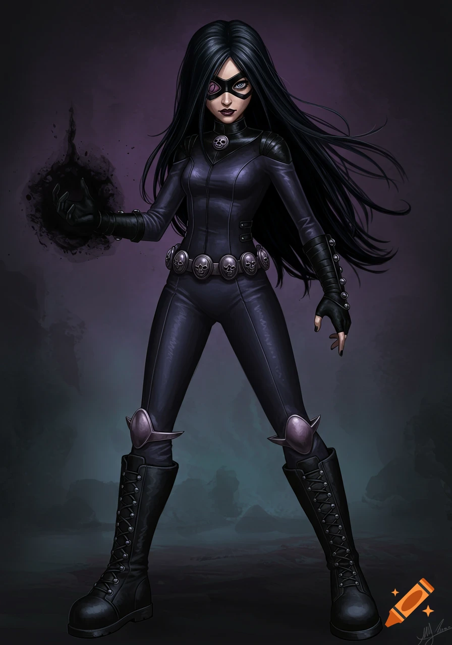 A dark-haired female superhero in a black suit and mask stands ready, summoning dark energy.