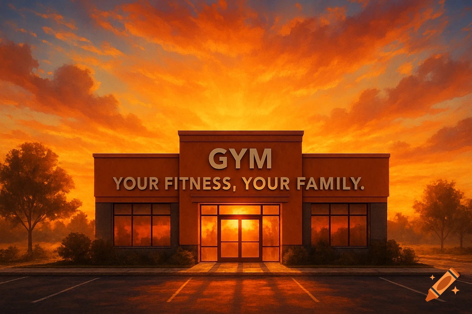 A gym building with "GYM YOUR FITNESS, YOUR FAMILY." on its facade, bathed in the orange glow of a dramatic sunrise.