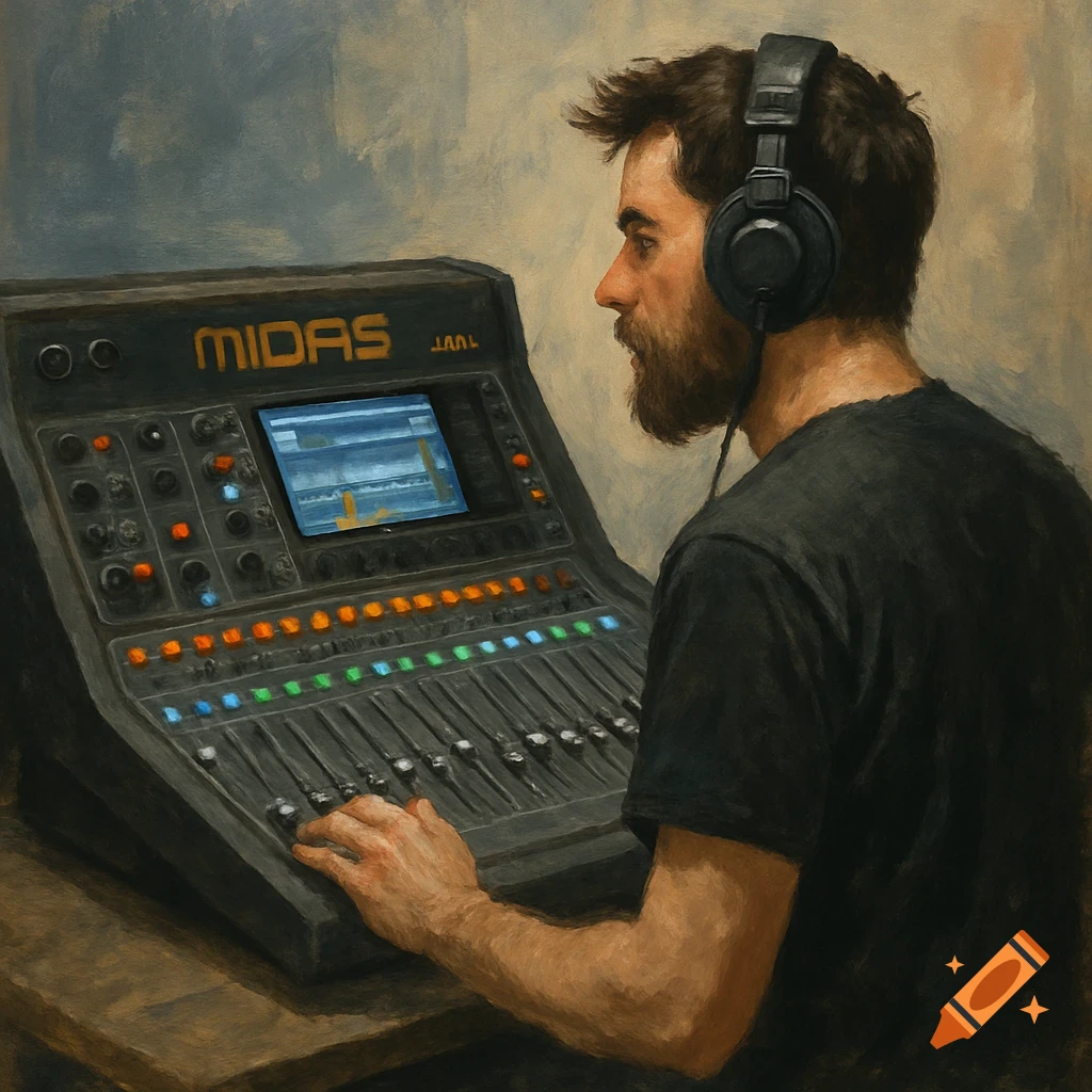 A bearded man with headphones operating a sound mixing console, depicted in a painting style.