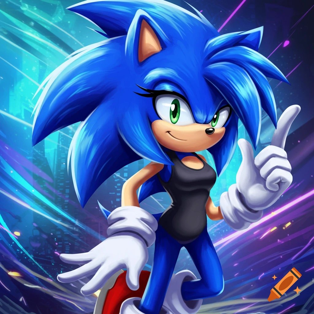 A female version of Sonic the Hedgehog poses in a city background.