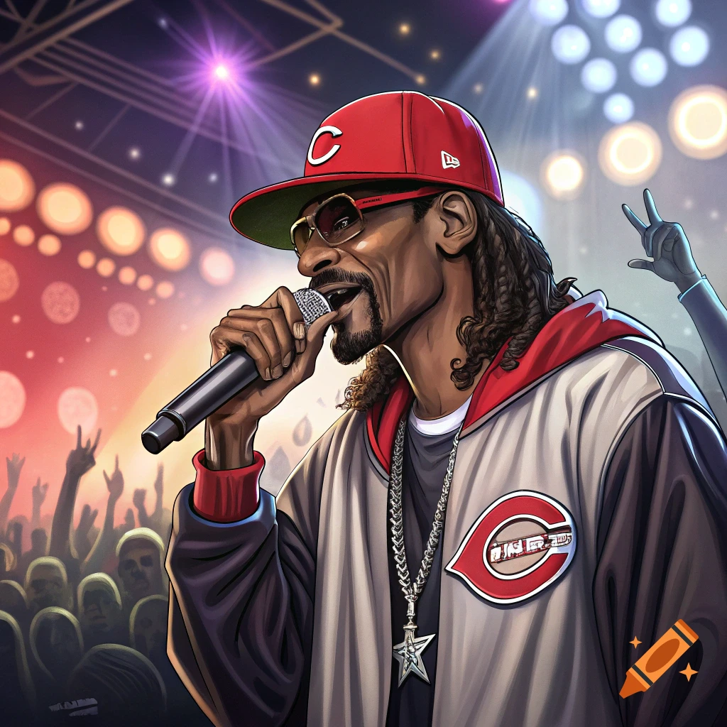 Snoop Dogg sings into a microphone on stage at a concert, wearing a red Cincinnati Reds baseball cap and a light-colored jacket, with a crowd and stage lights in the background.