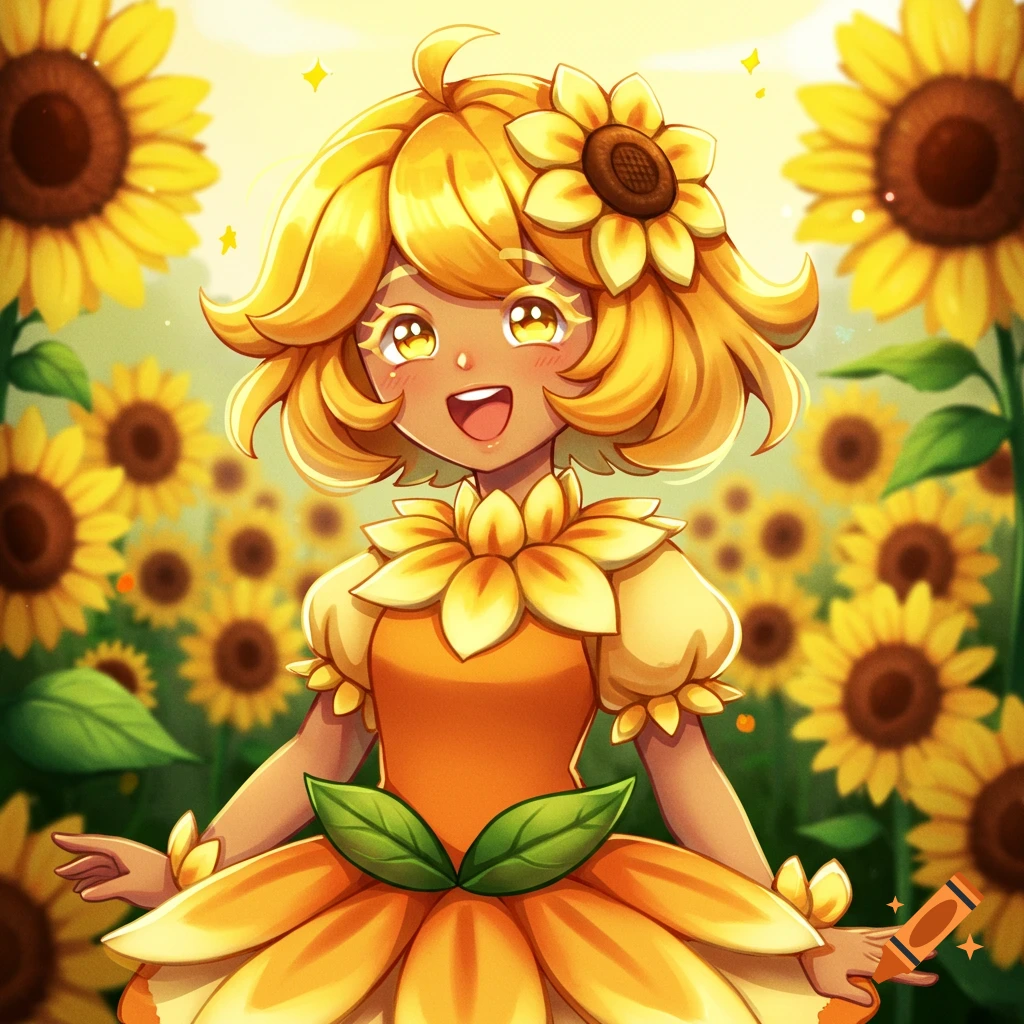 A bright anime-style character, Sunflower Cookie from Cookie Run, stands in a field of sunflowers.