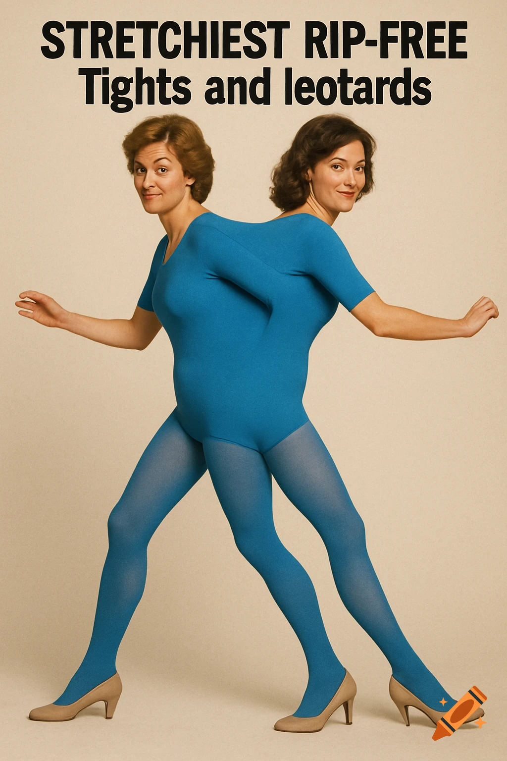 Vintage advertisement photo of two women conjoined into one leotard and tights set