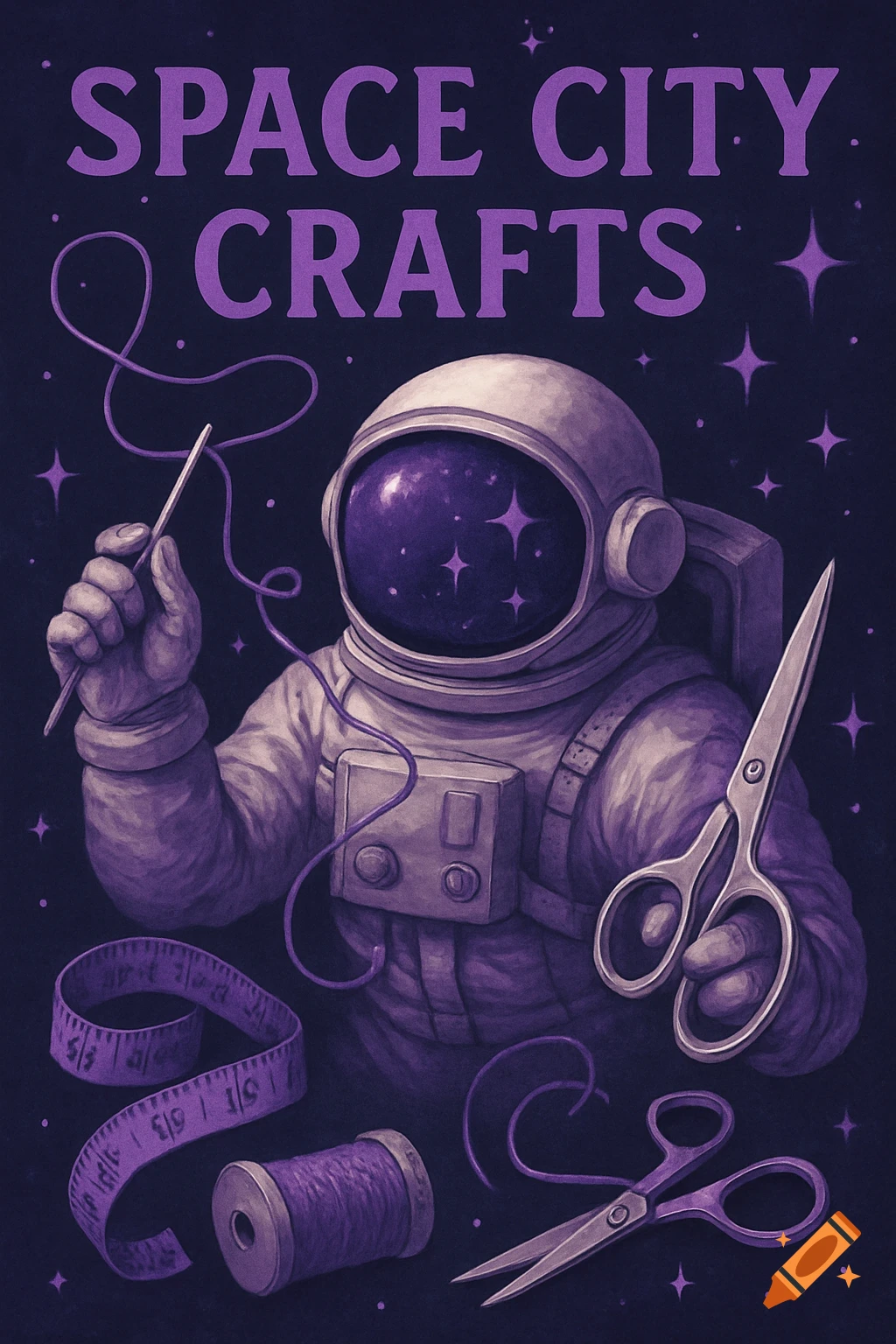 Illustration of an astronaut crafting in space with tools and text 'SPACE CITY CRAFTS'.