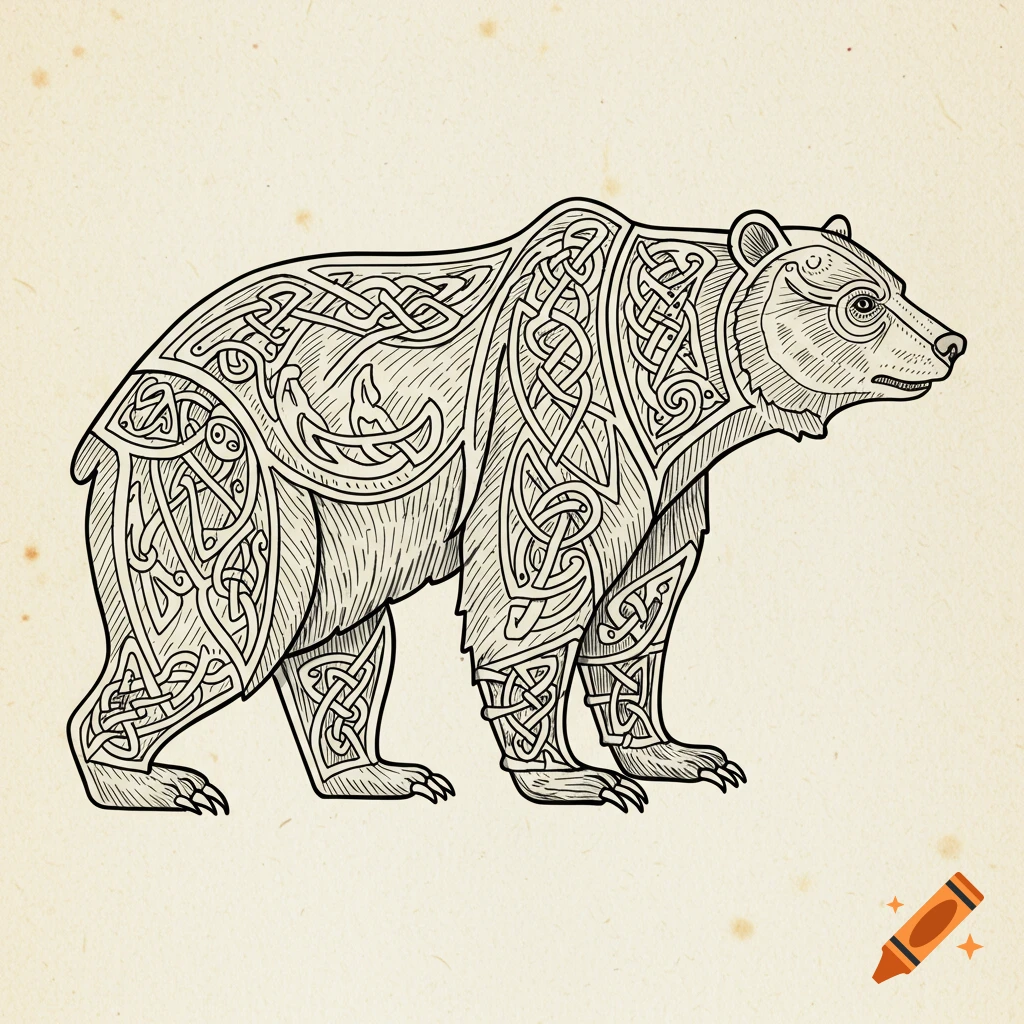 A line drawing of a standing bear with intricate Anglo-Saxon Celtic knotwork patterns covering its body, on a textured beige background.