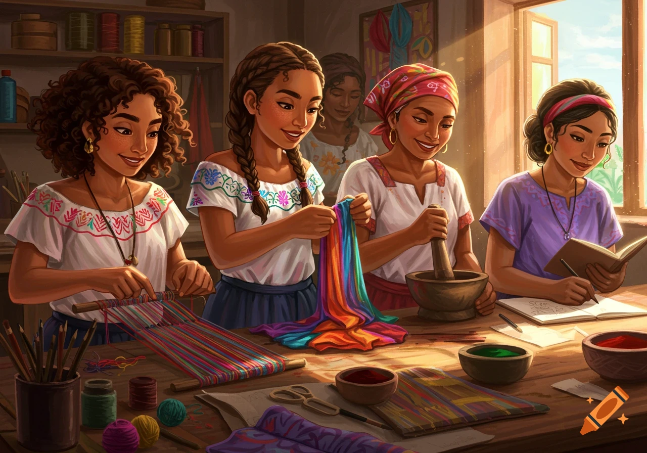 Several Latin American women are weaving, dyeing, and writing in a sunlit workshop, depicting traditional crafts.