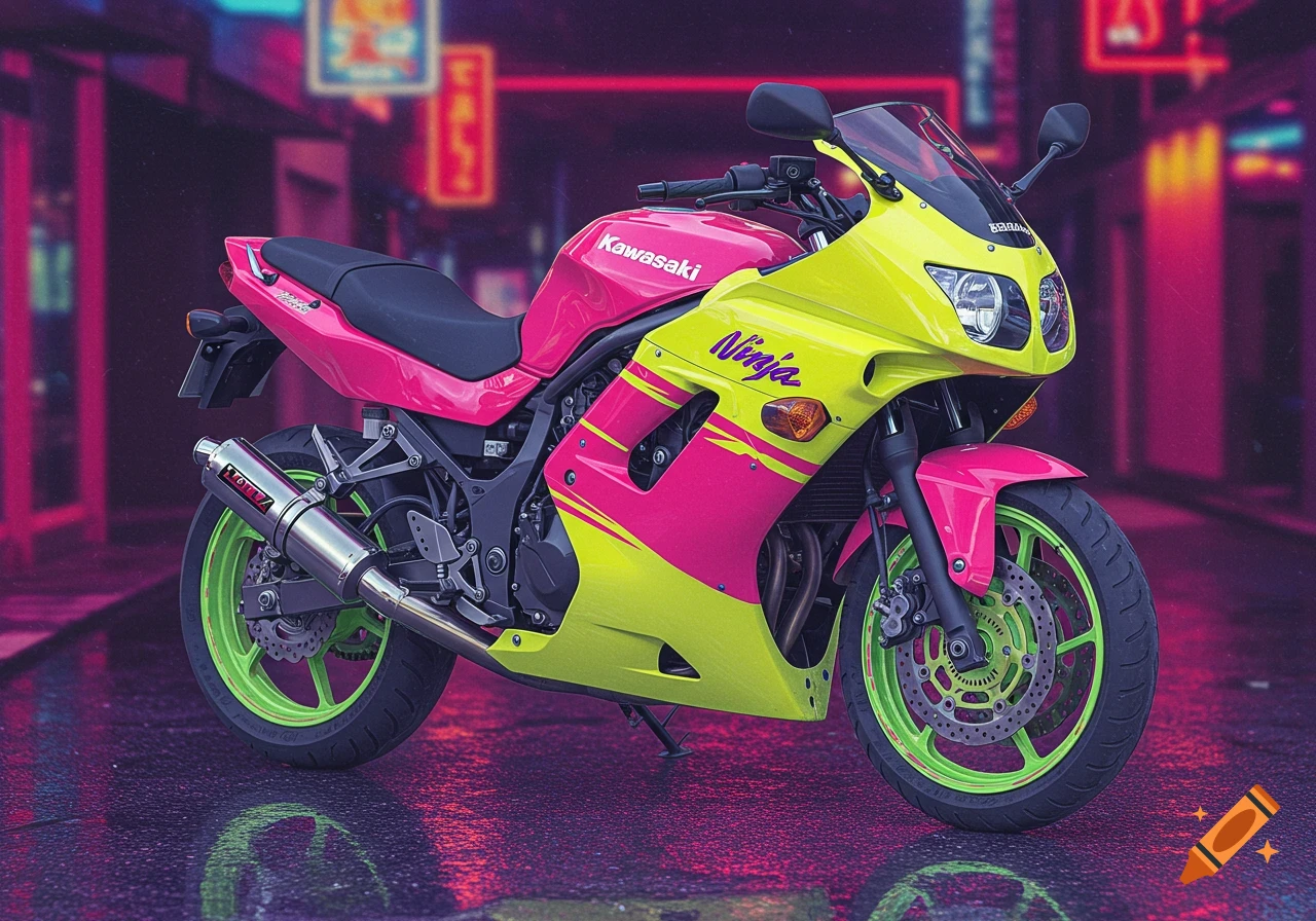 A pink and neon yellow Kawasaki Ninja motorcycle parked on a wet street at night with blurred neon signs in the background.