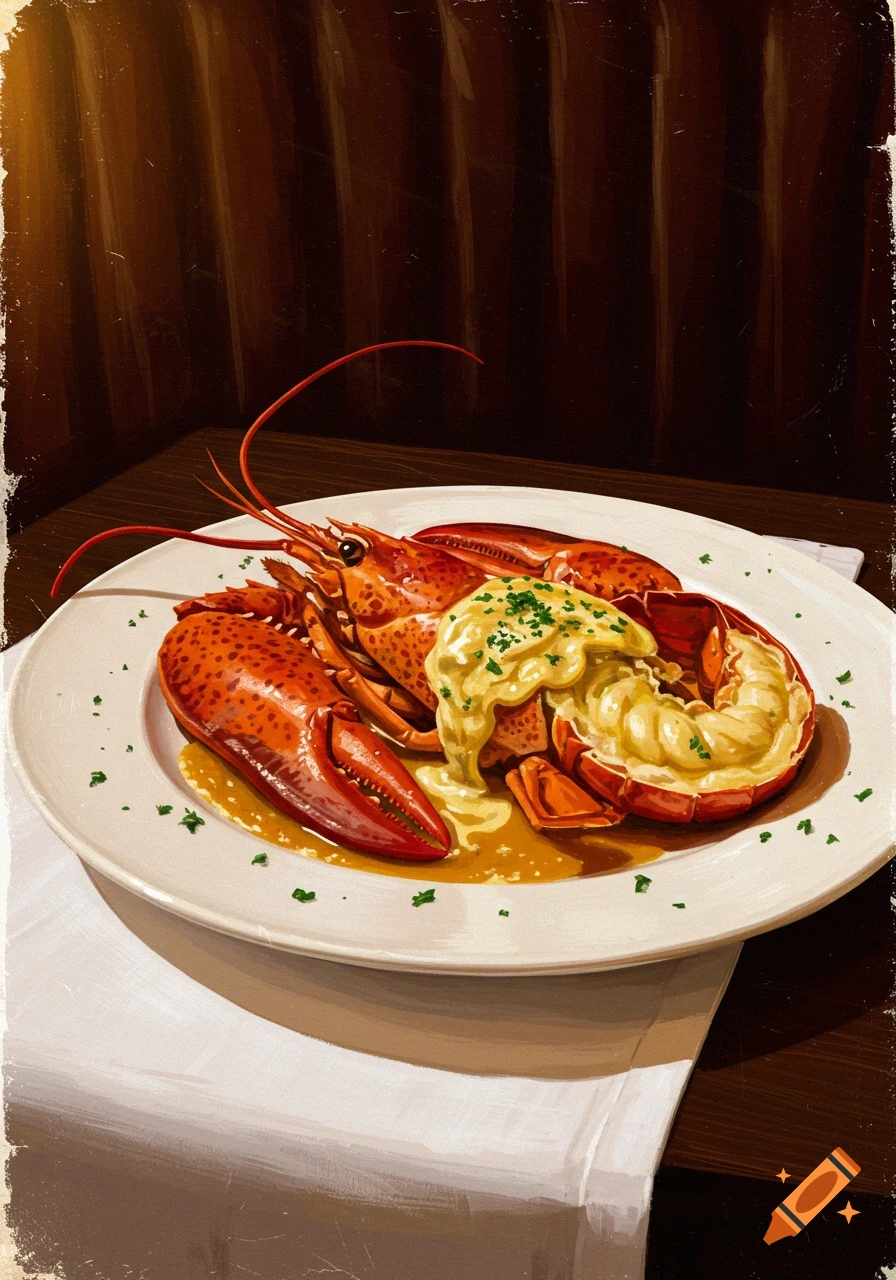 A close-up, high-angle shot of a cooked lobster thermador dish with creamy sauce and green herbs on a white plate.