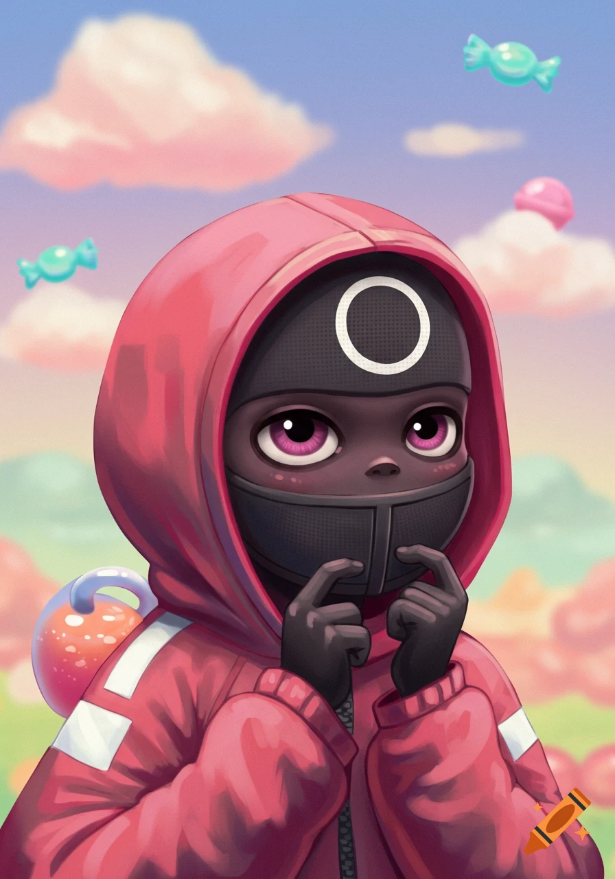 Cute cartoon character from Squid Game in a red hoodie and black mask with a white circle, against a pastel sky with floating candies.