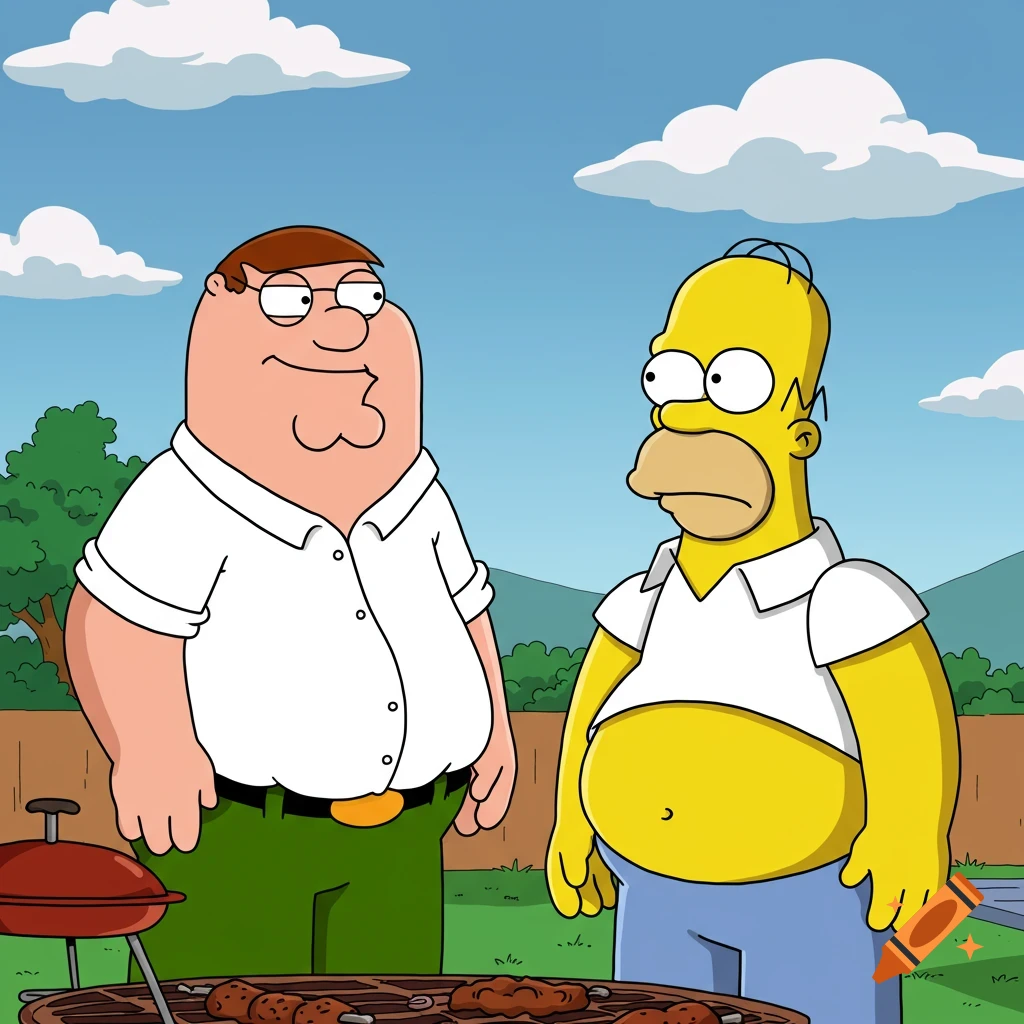 Peter Griffin and Homer Simpson stand next to a barbecue grill in a cartoon style.