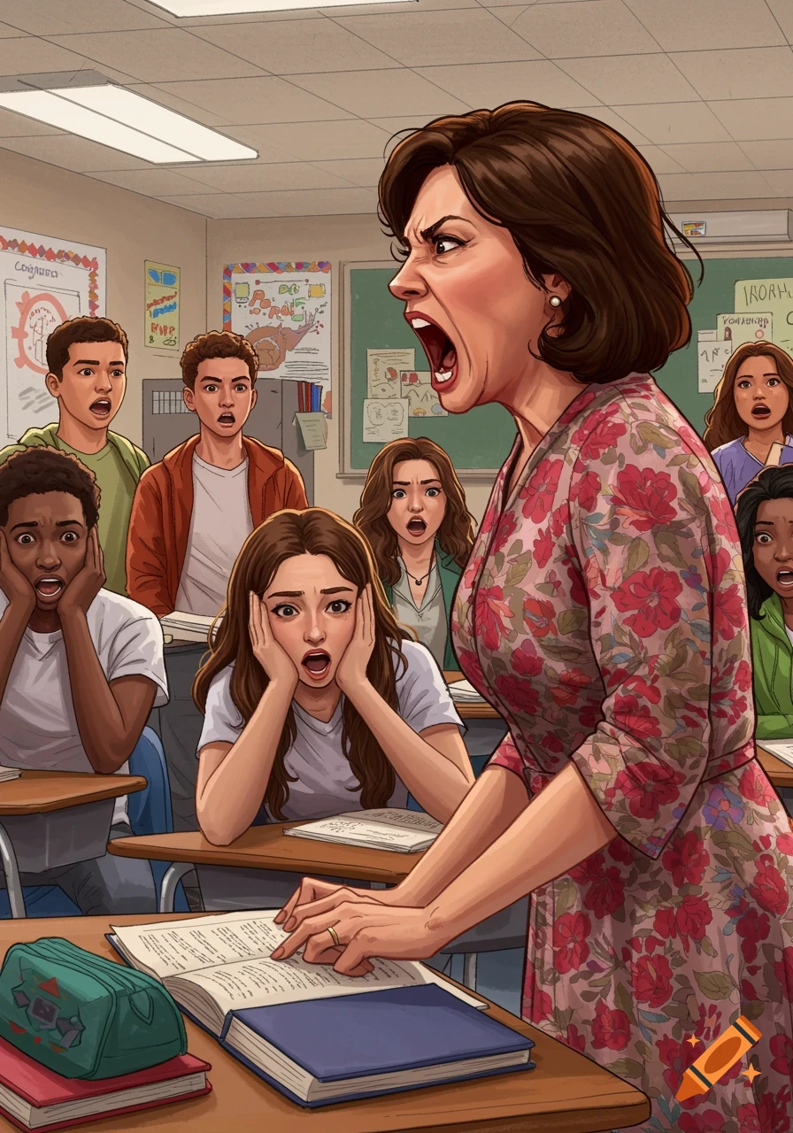 Illustrated scene of a teacher screaming at shocked students in a classroom.