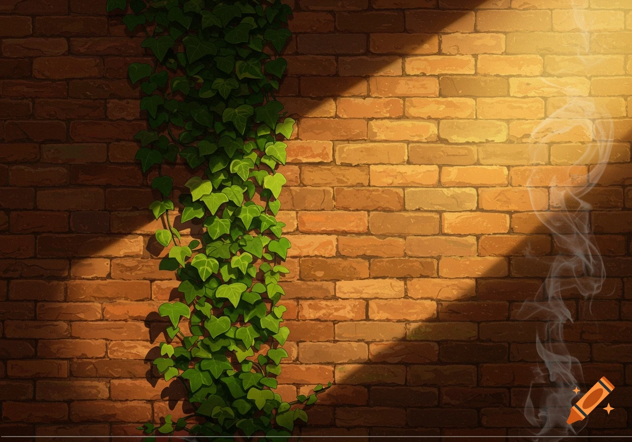 A brick wall covered in green ivy, with sunlight casting shadows and faint smoke rising on the right side.