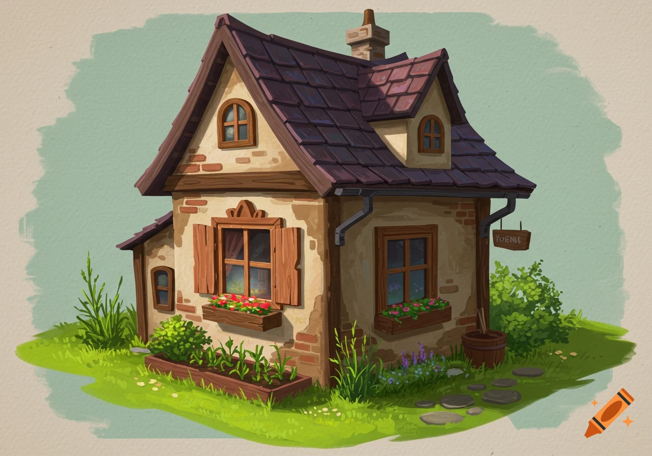 A whimsical, stylized illustration of a quaint European-style cottage with a brown roof, brick details, and blooming flower boxes, surrounded by lush green grass.
